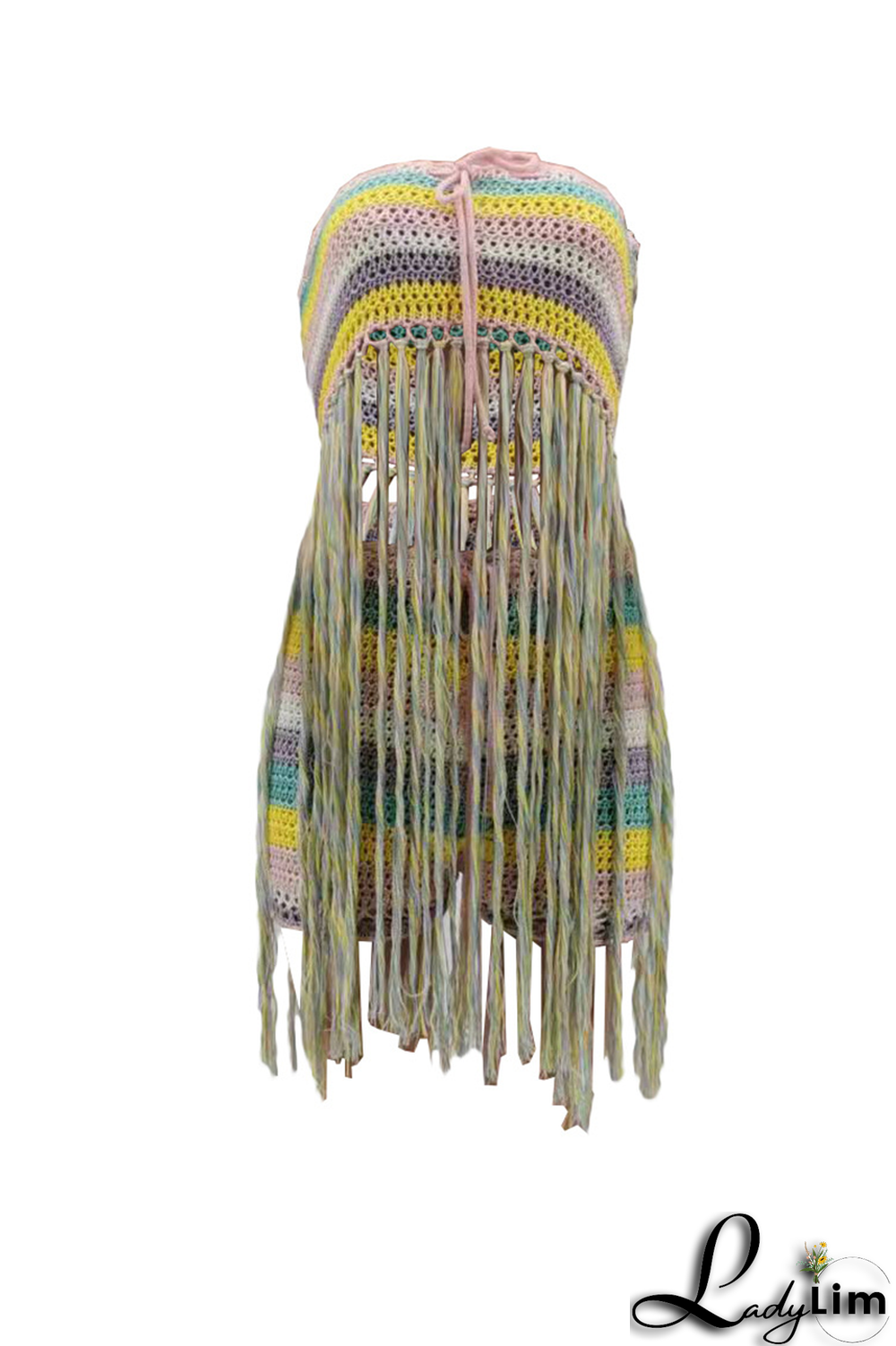 Blue Sexy Patchwork Tassel Strapless Sleeveless Two Pieces