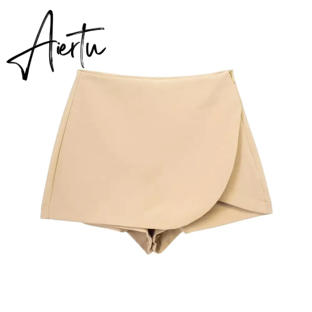 Women Fashion Casual Mini Asymmetrical Skirts Shorts High Waist Back Pockets Wide Leg Skirts Zipper Female Shorts Aiertu