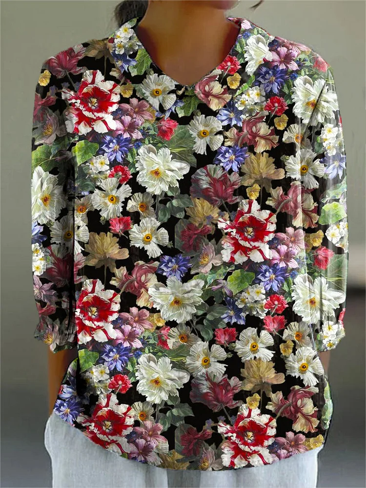 Women's Vintage Floral Art Print Casual Cotton And Linen 3/4 Sleeve Shirt