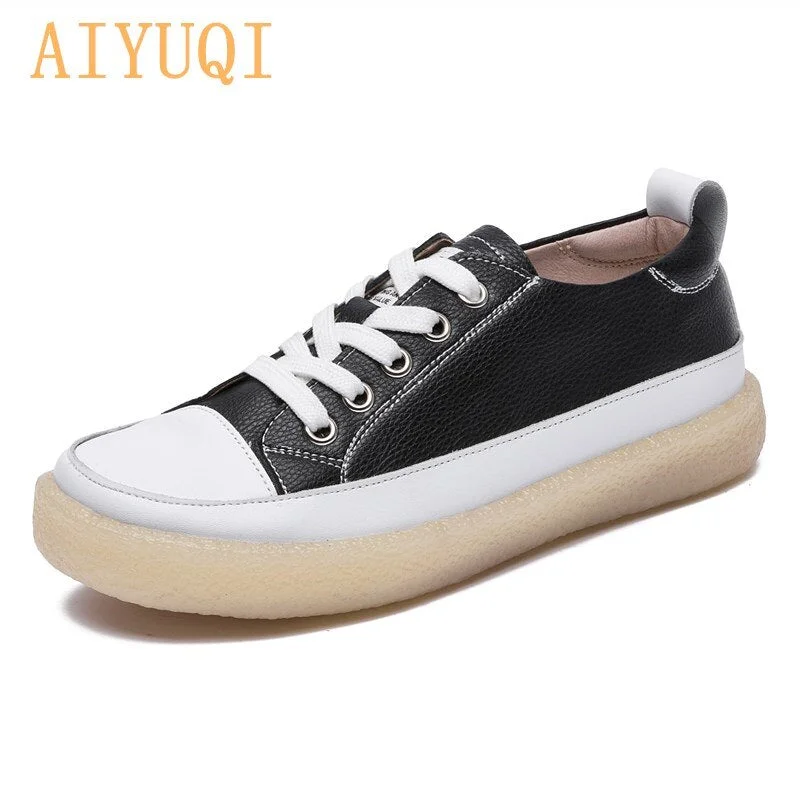 Women Spring Shoes 2021 New Genuine Leather Trend Color Matching Women Shoes Flat Bottom Lace-up Casual Girl Student Shoes