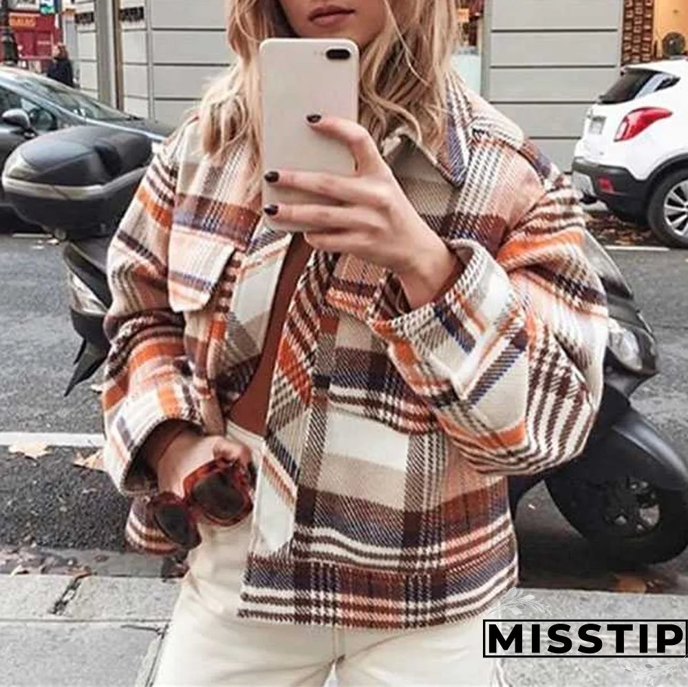 Classic Thick Colorblock Checked Button Down Shirt Jacket Woolen