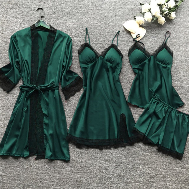 Silk Robe Sleep Suit Womens Lace Satin Pajamas Gown Set V-neck Cami Nighties Wear Pijama Home Nightwear Spring Femme #T1G Lanfubeisi