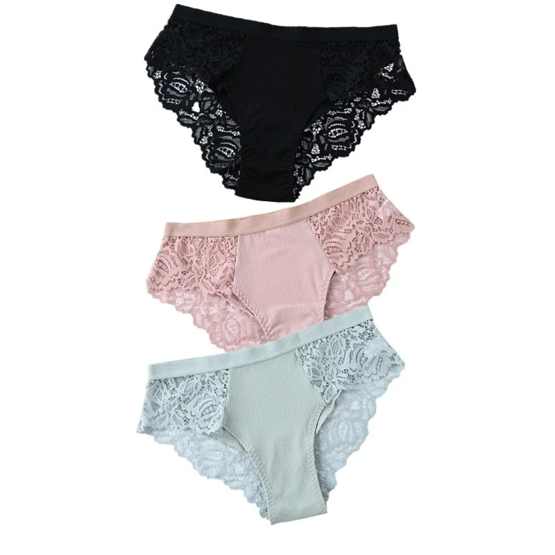 3PCS Soft Cotton Women Underwear Panties Solid Comfort Underpants Seamless Lace Briefs For Woman Sexy Low-Rise Panty Intimates