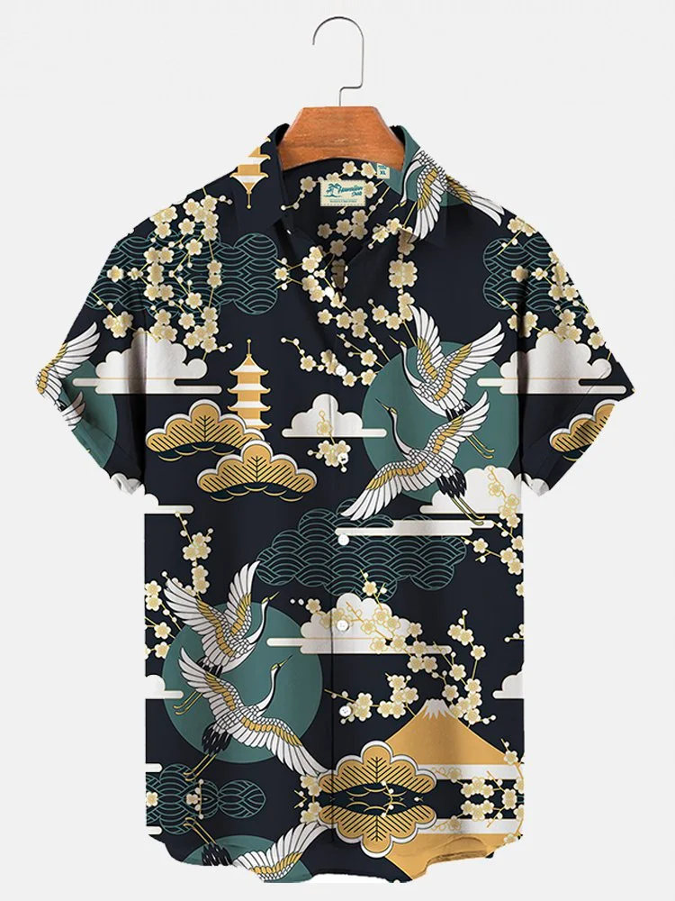 Men's Vintage Japanese Hawaiian Shirts Ukiyo-e Crane Illustration Wrinkle Free Tops