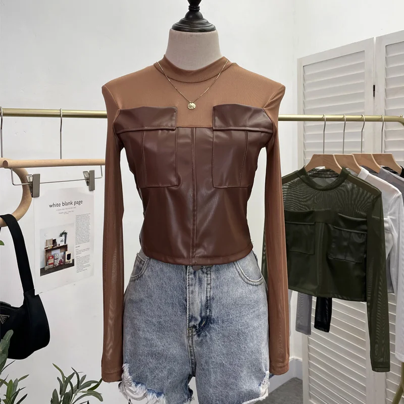 Brownm Sexy Micro-Permeable Mesh Splicing Pu Skin Bottom Shirt Women Autumn And Winter Body Repair Short Long-Sleeved T-Shirt Top 8975