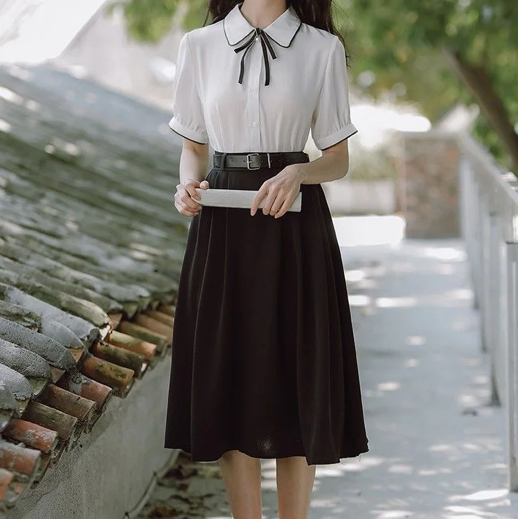 Midi A-Line Skirt / Puff-Sleeve Collar Blouse / Set WE20