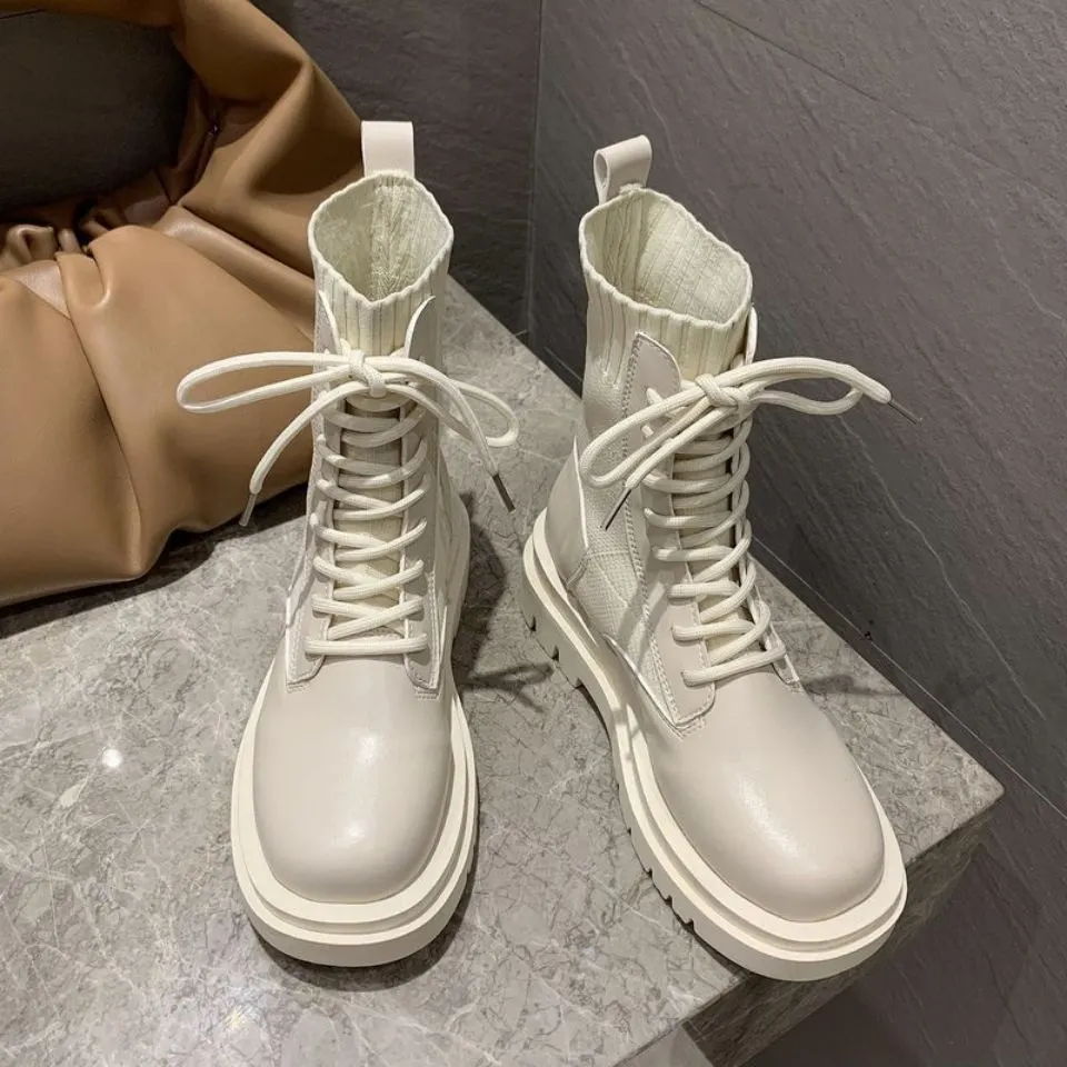 NAUSK Ankle Boots for Women 2021 Spring Motorcycle Boots Thick Heel Platform Shoes Woman Slip on Round Toe Fashion  Boots