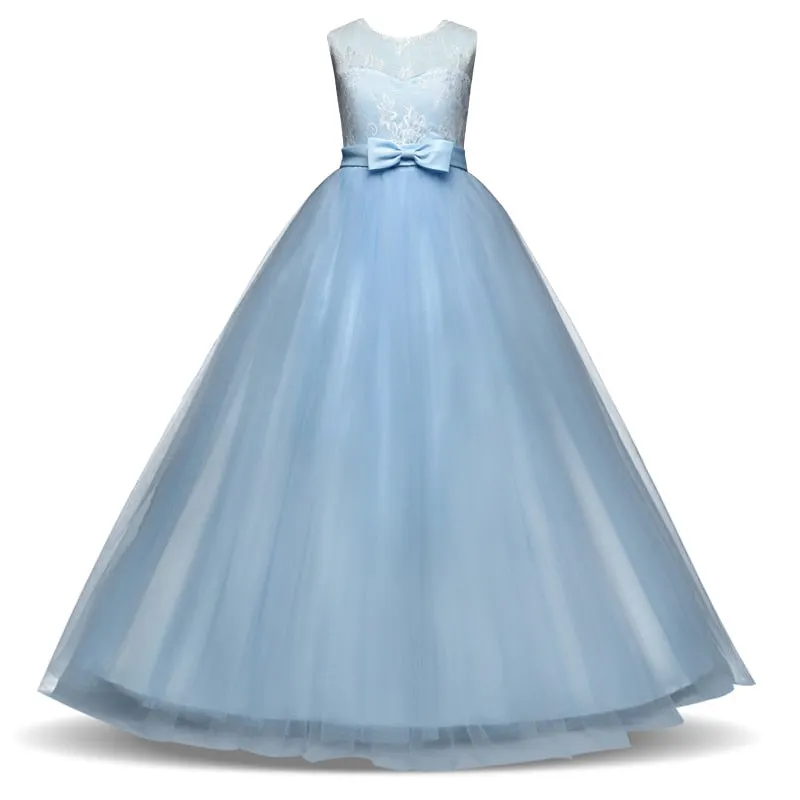 New Princess Lace Dress Kids Flower Embroidery Dress For Girls Vintage Children Dresses For Wedding Party Formal Ball Gown 14T