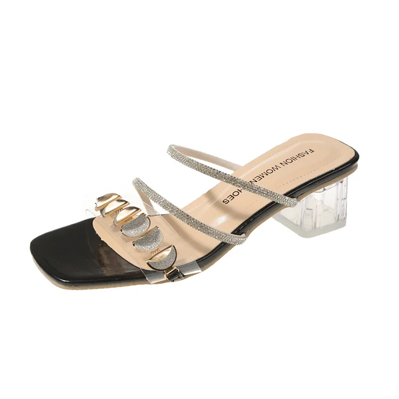 Tanguoant Tanguoant Female Summer Outside Wear 2023 New Web Celebrity Rhinestone Shoes Fashion Thick Heel High Heels With A Word Slipper Female