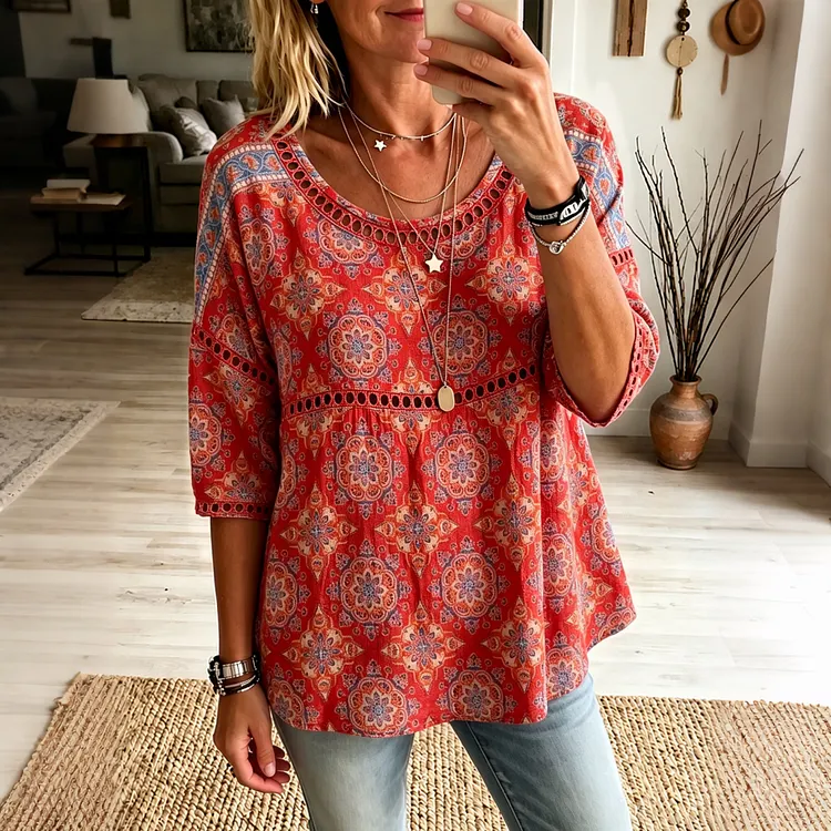 Women's Vintage Tribal Art Flowy Linen Blend Three-quarter Sleeve Casual Tops