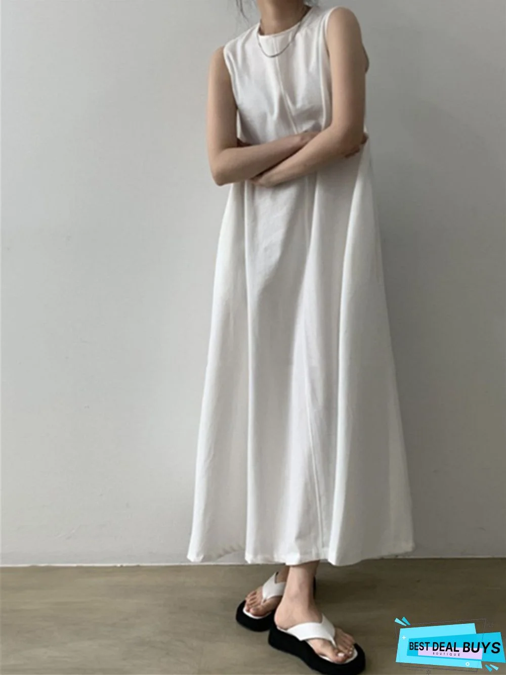 Simple Lazy Big Swing Loose Sleeveless A-Line Vest Slim Cotton and Linen Dress