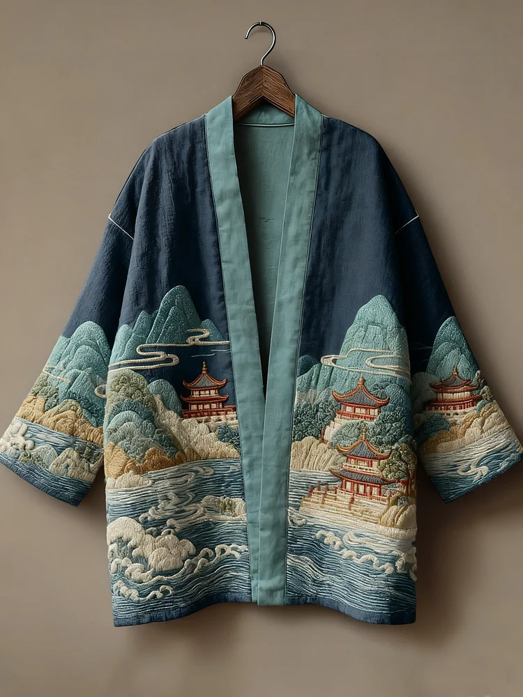 Oriental art landscape painting three-dimensional embroidery linen kimono cardigan