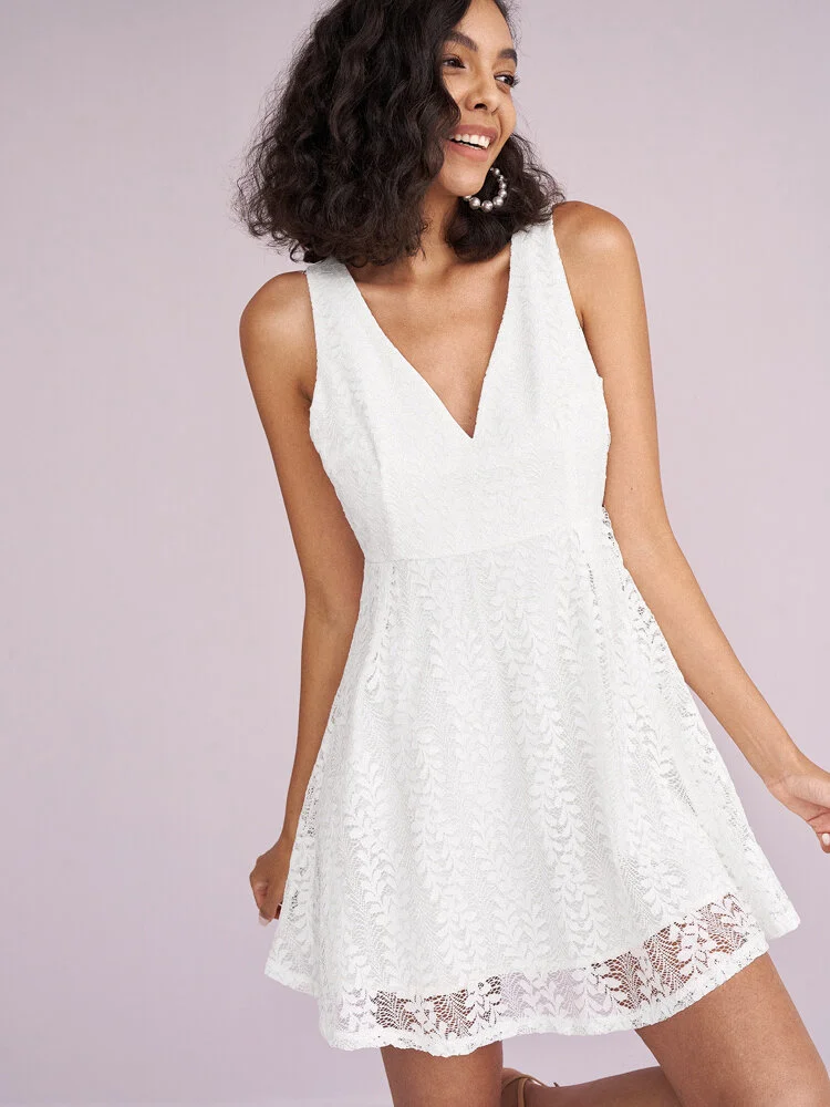 Lace Stitch Solid Sleeveless V-neck Invisible Zipper Dress