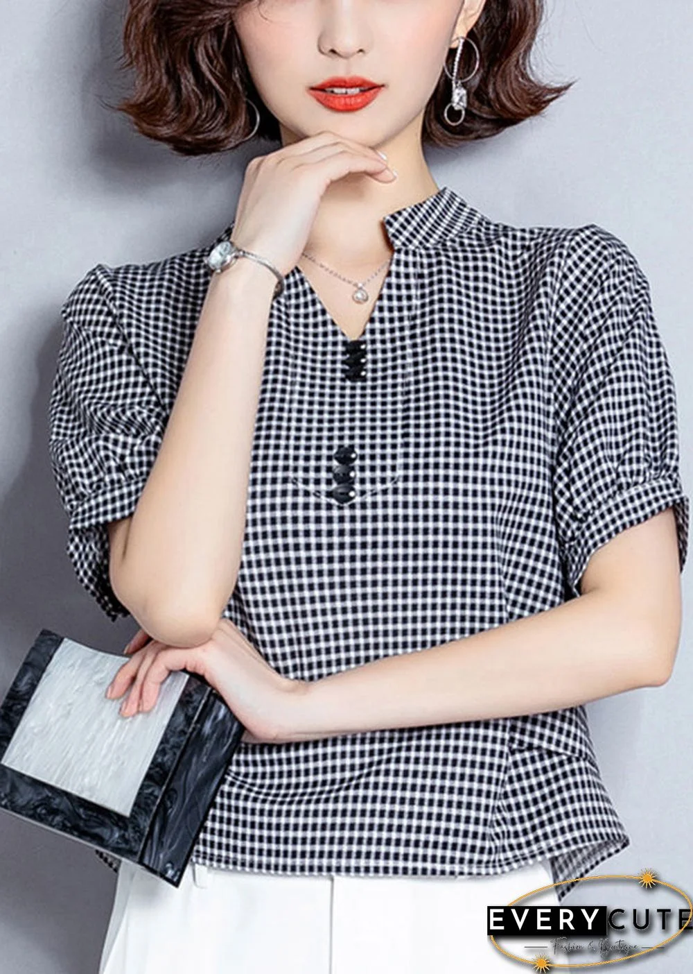 Organic Black V Neck Plaid Chiffon Shirt Lantern Sleeve