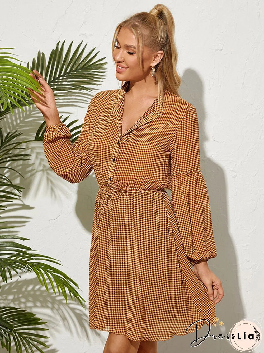 Plaid Check Print Button Lapel Long Sleeve Dress
