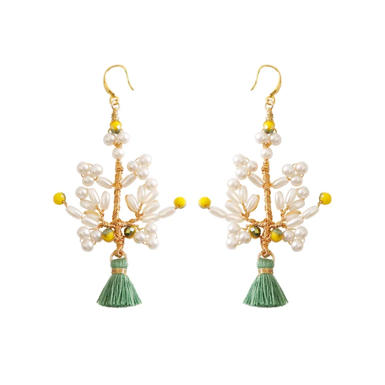 Handmade Tree Pearl Tassel Earrings