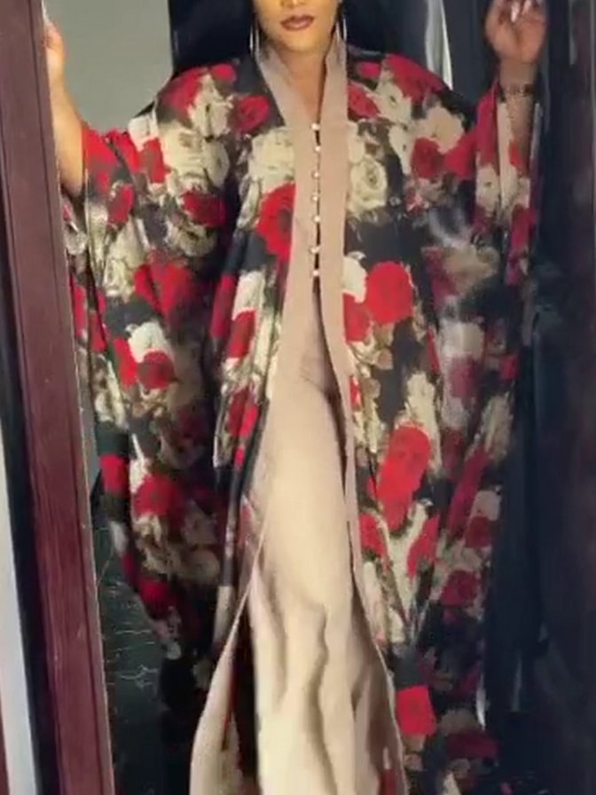 V neck floral printed cardigan and pants suit