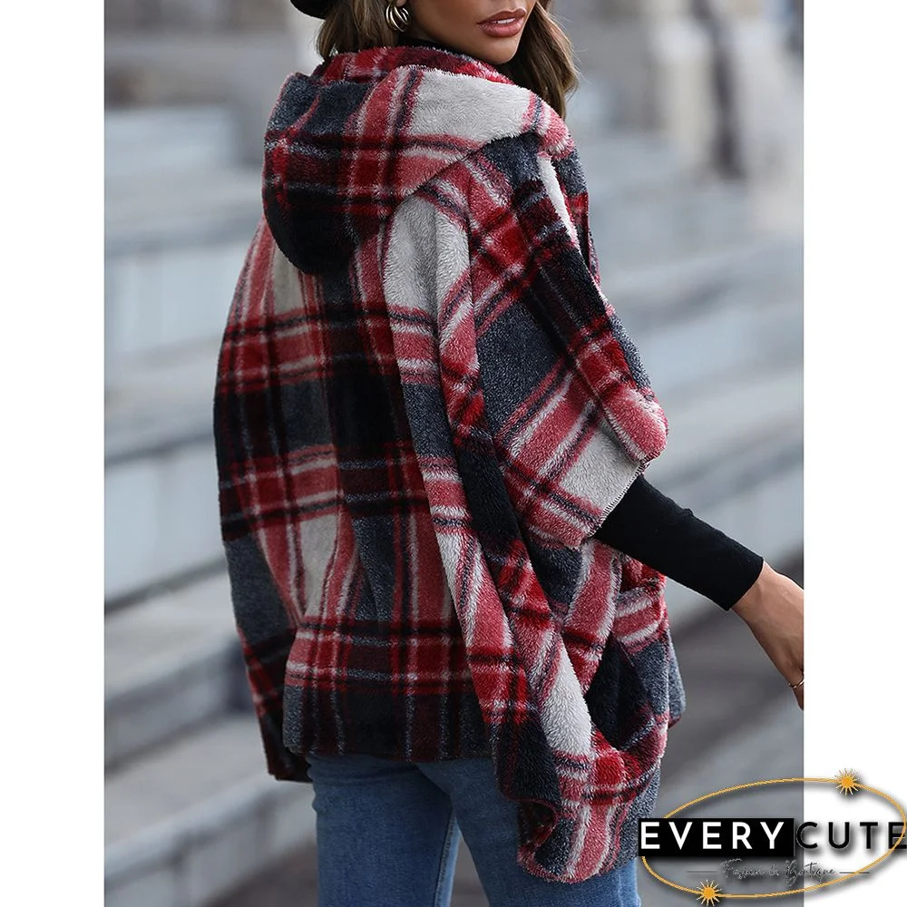 Red Plaid Print Plush Hooded 1/2 Sleeve Pocket Coat