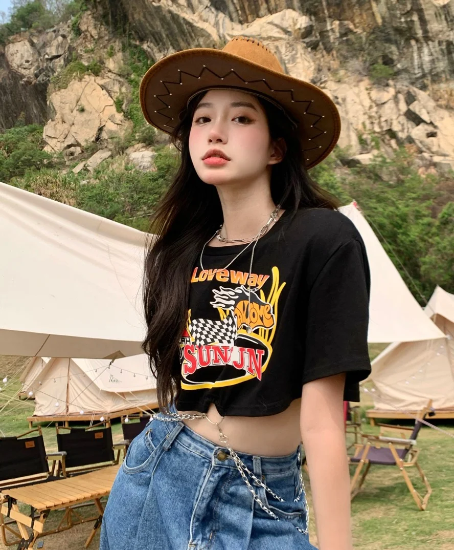 Brownm Brownm 2024 New Hottie Everything Ins Trendy T-Shirt Women's Design Sense Chain Short Crop Black Short-Sleeved Top