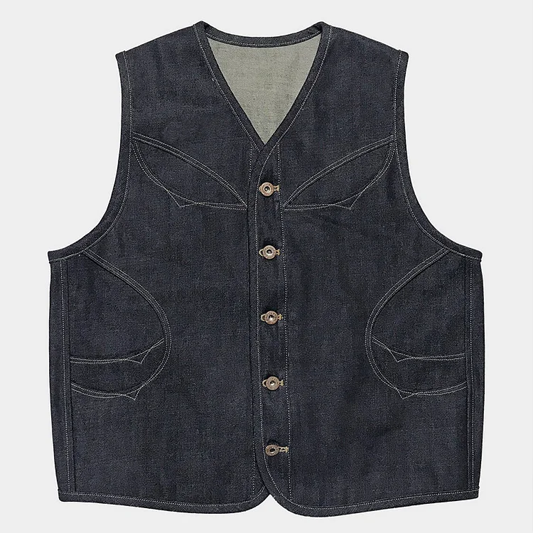 12.75 Oz Indigo 6 Pocket Tapered Denim Single Breasted Vest