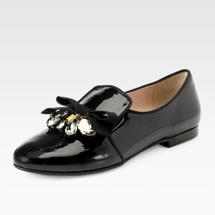 Black Round Toe Patent Leather Crystal Bow Loafers for Women |FSJ Shoes