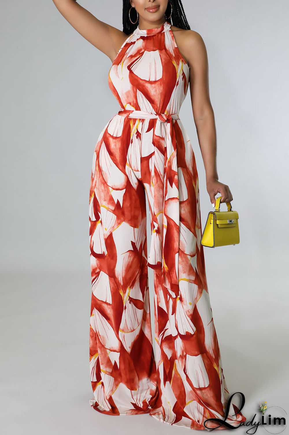 Red Casual Print Bandage Split Joint O Neck Straight Jumpsuits