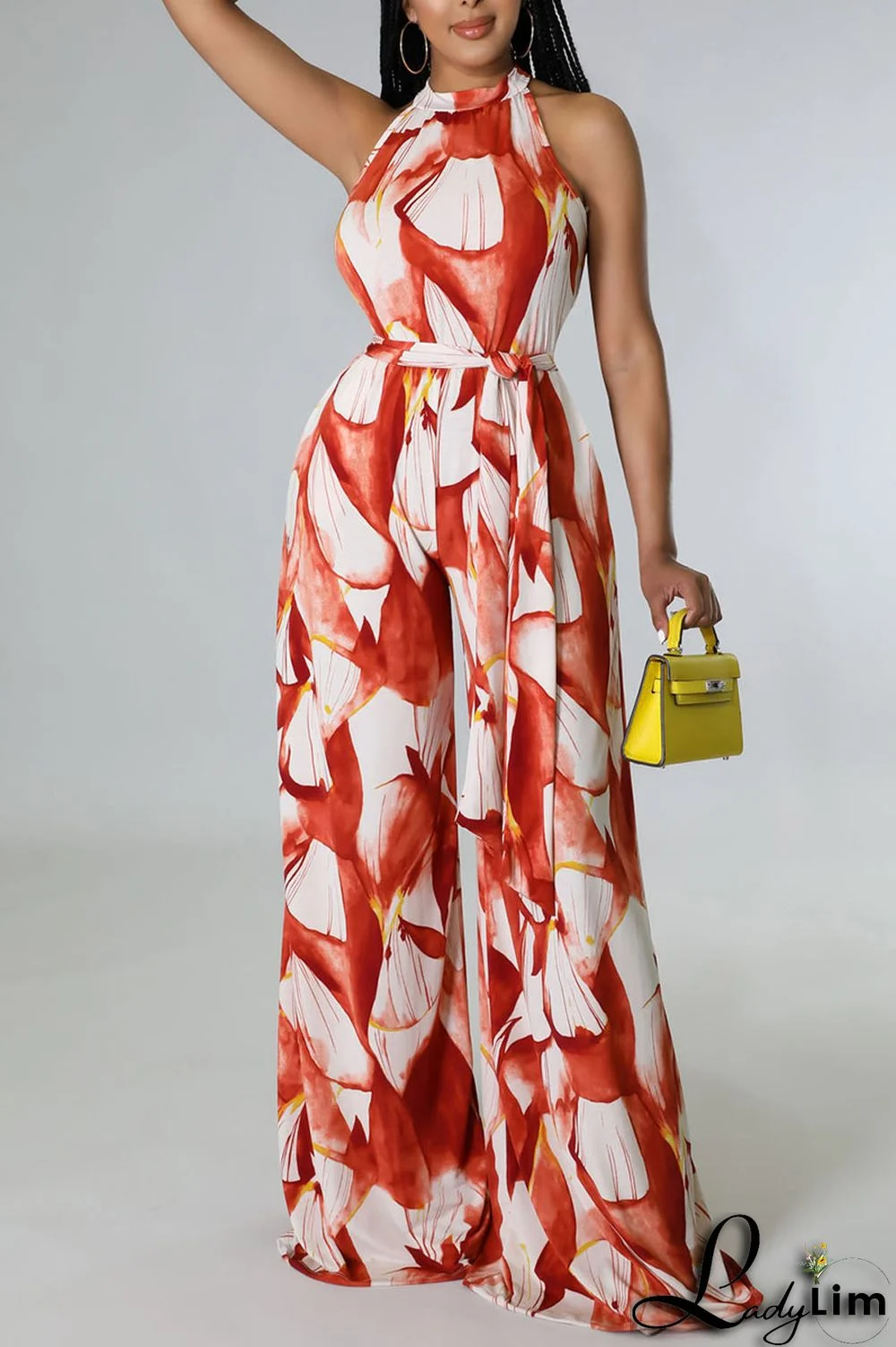 Red Casual Print Bandage Split Joint O Neck Straight Jumpsuits