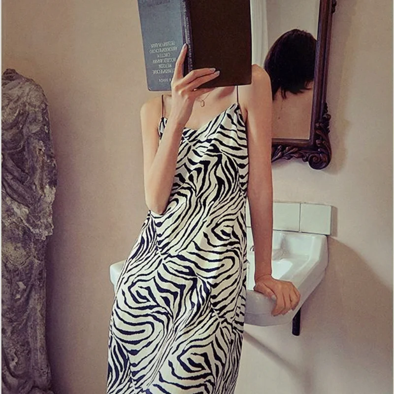 Jangj Summer New Zebra Print Suspender Dress Female Vintage Design Elegant Slim Beach Robe Women's Korean Sexy Fashion Clothing