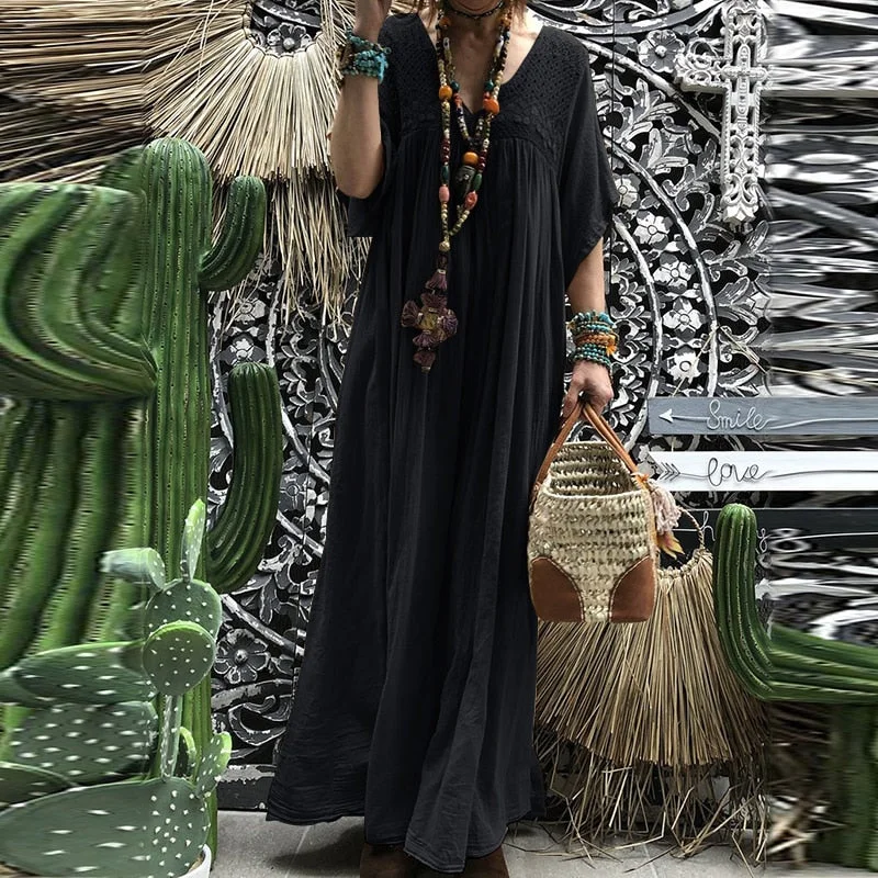 Women Lace Crochet Maxi Long Dress ZANZEA Summer 3/4 Sleeve Party Vestido Robe Femme Bohemian Sundress Casual Loose Autumn Dress