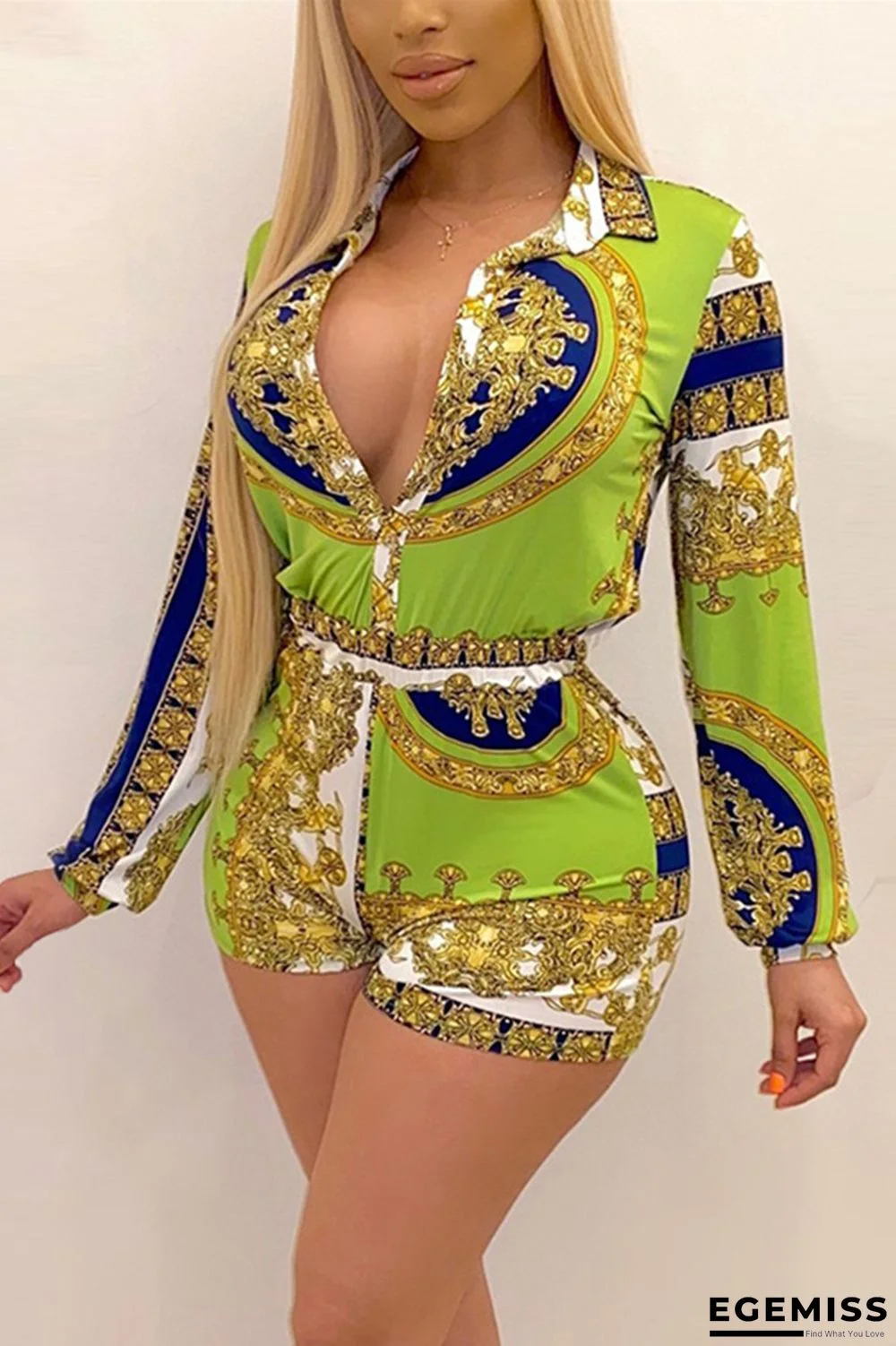 Green Sexy Fashion Print Bell Sleeve Romper | EGEMISS