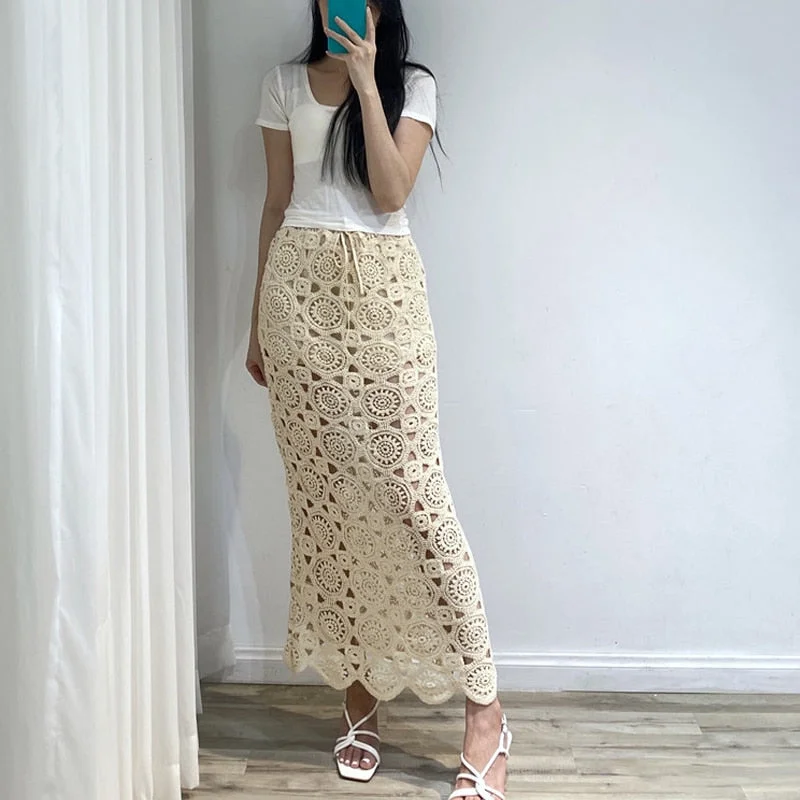New Ladies Hollow Out Solid Color Skirts Elastic Waist Crocheted Skirt With Drawstring Women Faldas