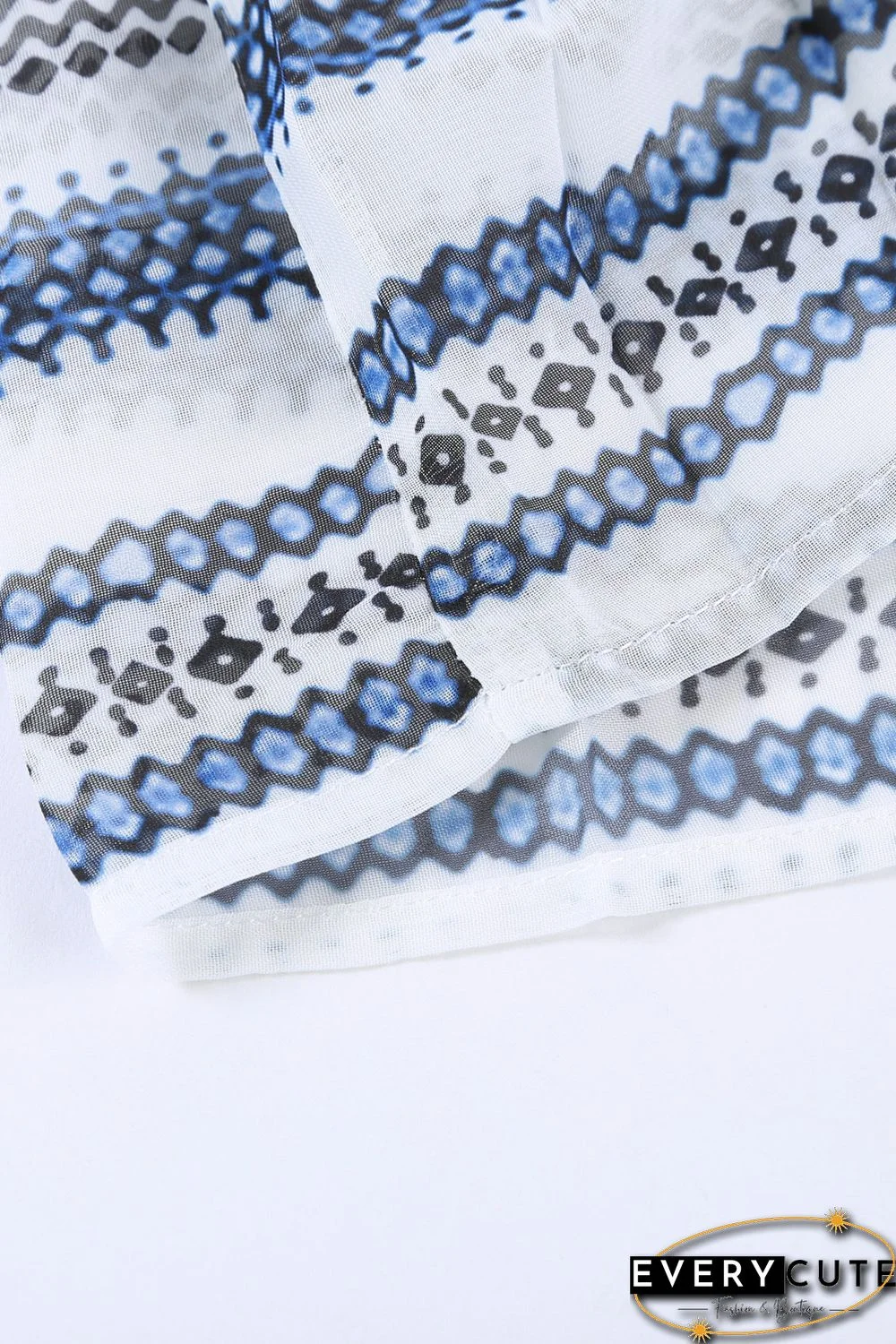 Sky Blue Geometric Print V neck Flare Half Sleeve Ruffle Swing Mini Dress