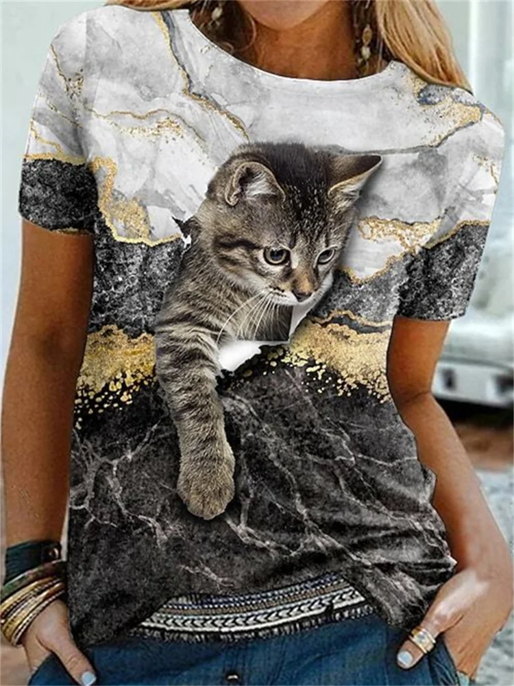 Cat Marble Inspired Glitter Art T Shirt