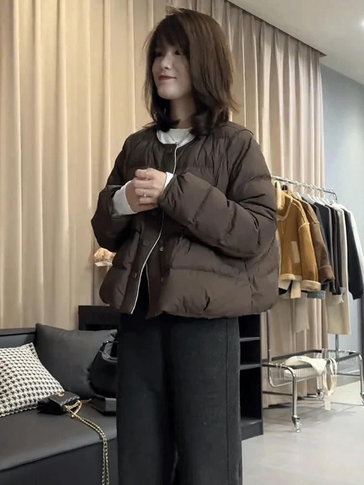 Toloer Round Collar Contracted White Duck Down Short Down Jacket Female Winter New Small Loose Show Thin And Thick Warm Coat-Outfit Ideas