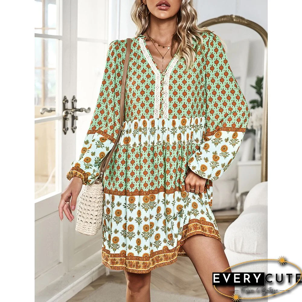 Light Green Bohemia Print Button Detail V Neck Long Sleeve Dress
