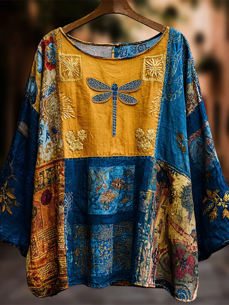 Boho Floral & Dragonfly Patchwork Print Women's Linen Top