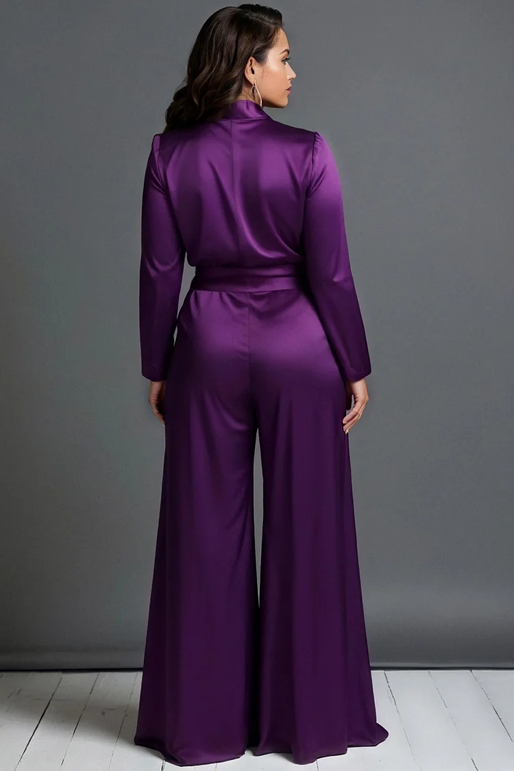 Xpluswear Design Plus Size Formal Purple V Neck Long Sleeve Wrap Elegant Pocket Satin Jumpsuits [Pre-Order]