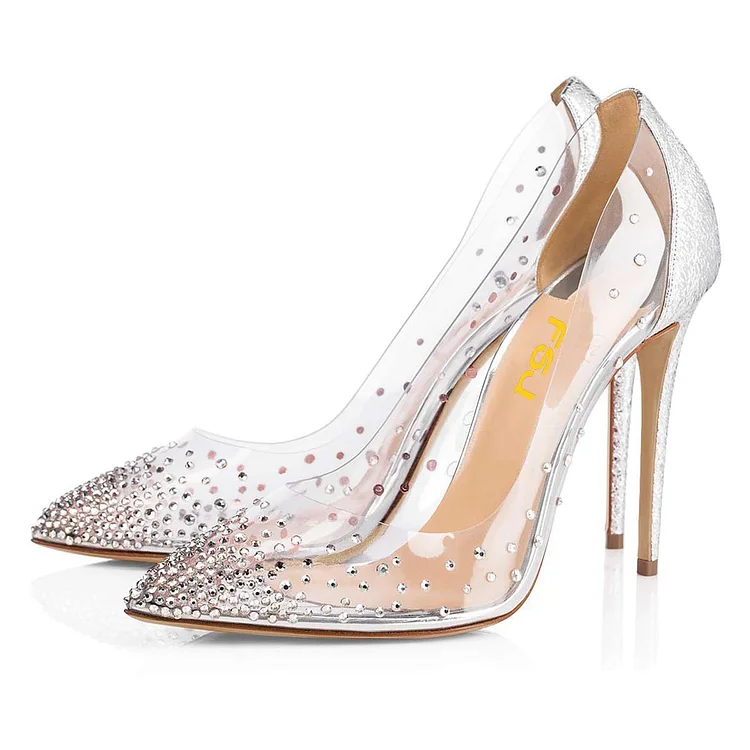 Silver Rhinestone Clear Pumps Stiletto Heels Wedding Shoes |FSJ Shoes