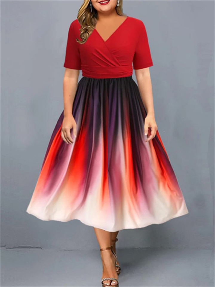 New Gradient Print Party Dress Short-sleeved V-neck A-line Dress Large Hem Elastic Waist Mid-length Dresses Women