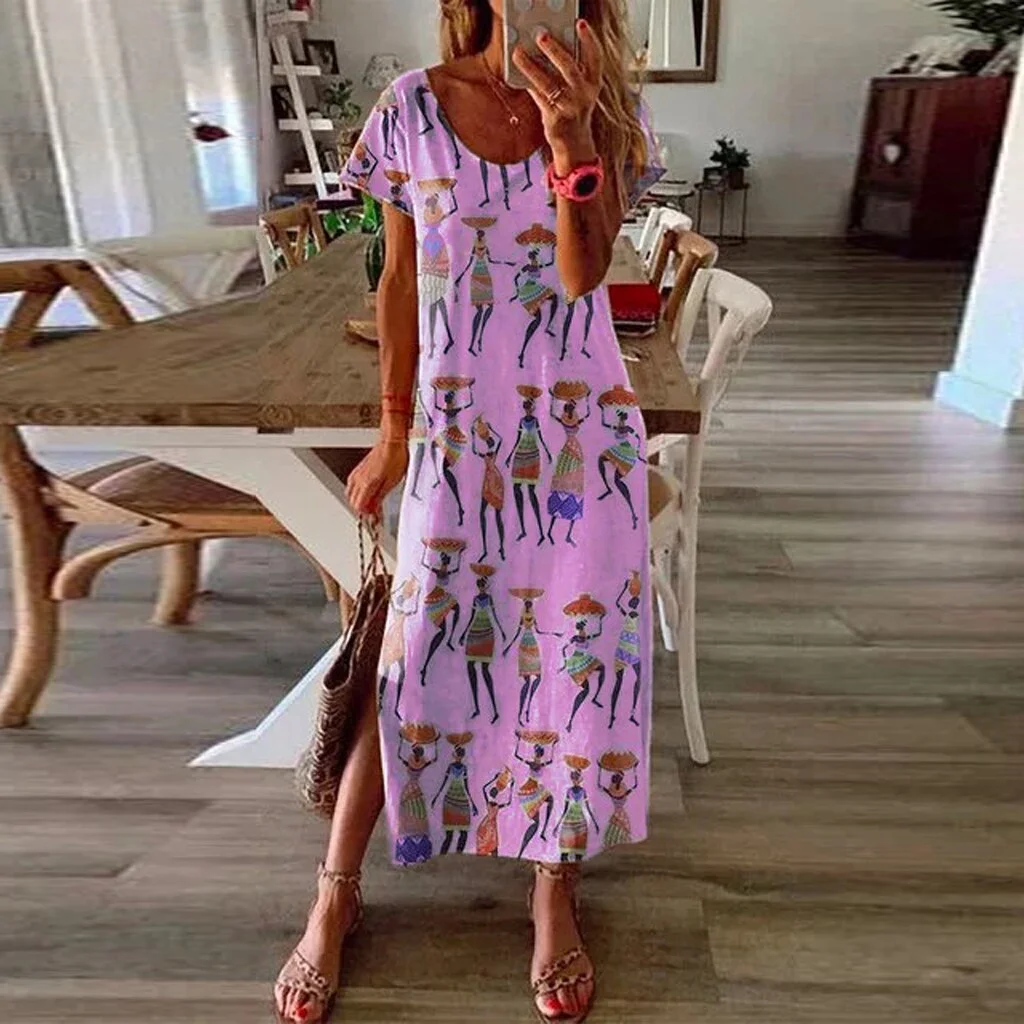 New Summer Long Dress Women Casual Patchwork Bohemian Print Short Sleeves Dresses For Women V Neck Plus Size Dress Women 2022