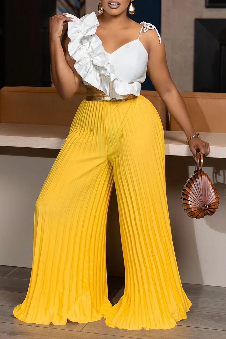 Ruffled V Neck Cami Colorblock Pleated Wide Leg Pants 2pcs Set-Yellow