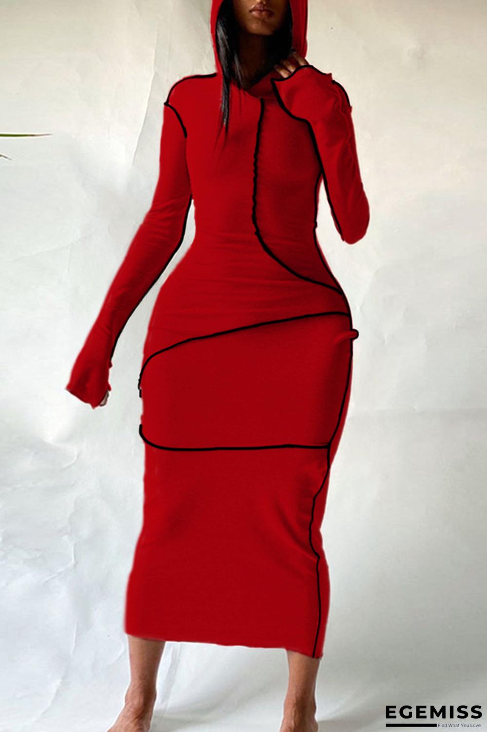 Red Casual Solid Patchwork Hooded Collar Wrapped Skirt Dresses | EGEMISS