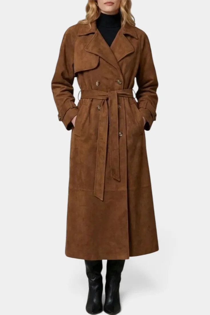 Classic Double-Breasted Belted Faux-Suede Coat