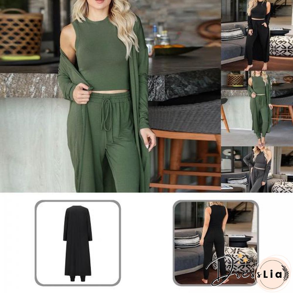 1 Set Simple Outfit Suit Solid Color Autumn Winter Solid Color Vest Coat Pockets Pants Drawstring For Office