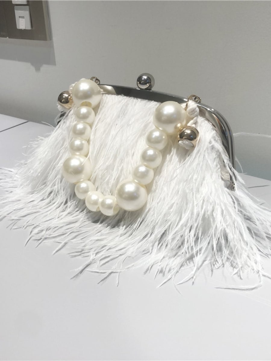 Evening Bag Ostrich Fur Pearl Chain Clutch Bag