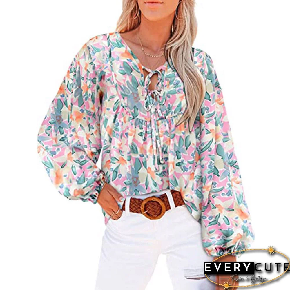 Pink Floral Print Lace Up Long Sleeve Blouse