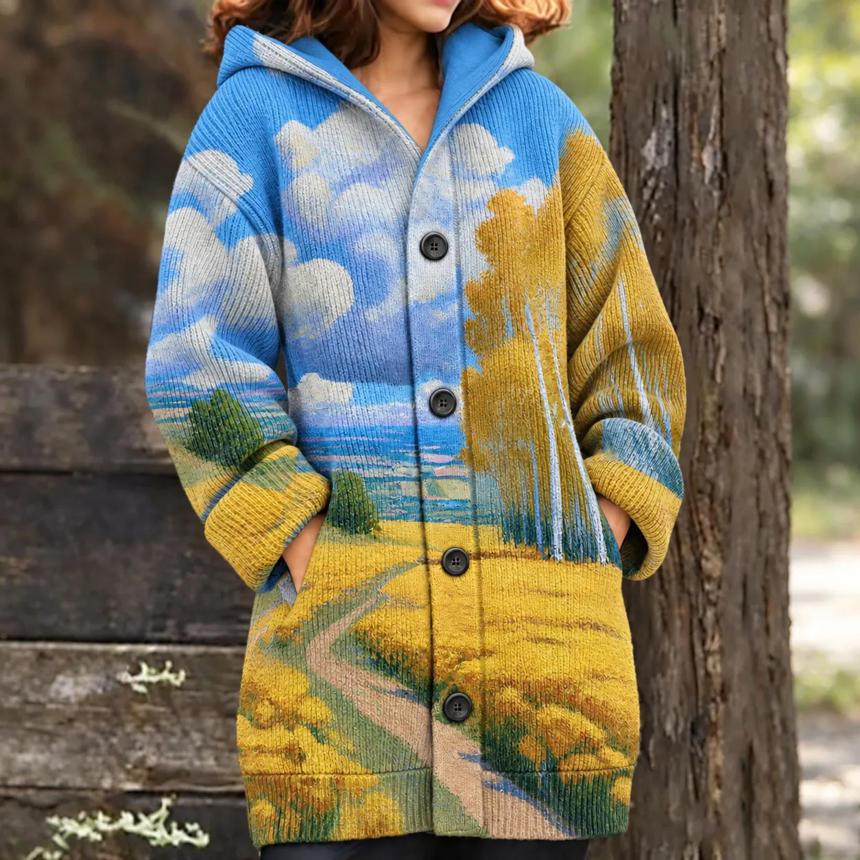 Comstylish Women's Landscape Print Knitted Hooded Cardigan