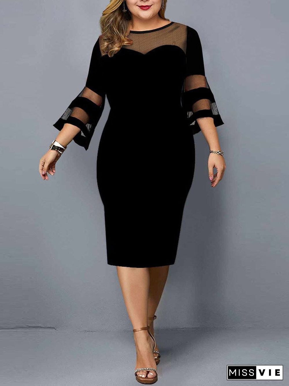 Women's 3/4 Sleeve Scoop Neck Solid Color Lace Midi Dress