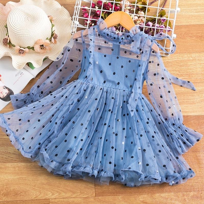 Girls Chiffon Lace Mesh Princess Dress For Kids Polka Dot Tutu Puffy Full Sleeve Summer Children Elegant Wedding Party Clothes