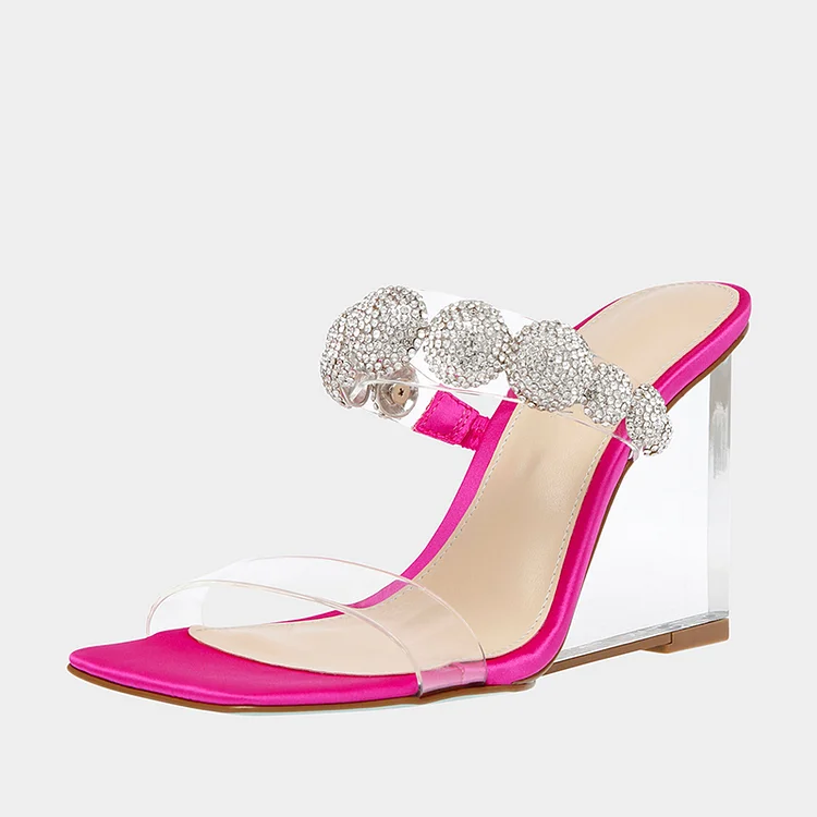 Elegant Rhinestones Wedges Sandal Women's Square Toe Clear Heels Party Mule Shoes |FSJ Shoes